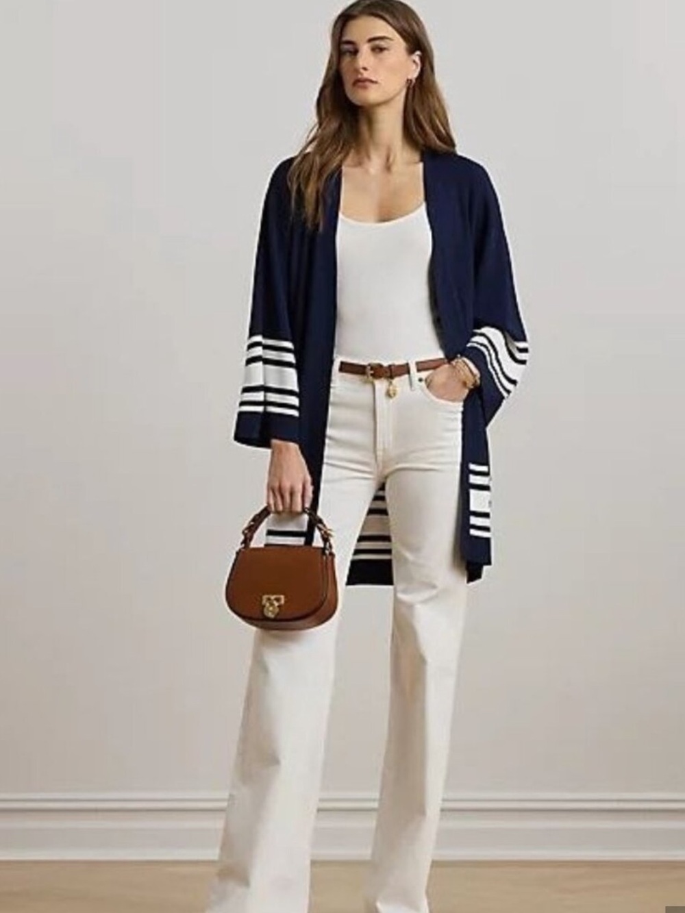 Lauren Ralph Lauren Open Cardigan Long SM Navy White Stripe Solid NWT MSRP $225